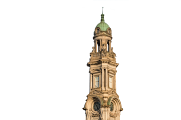 Santos city, Brazil. Coffee Stock Exchange building, current museum of coffee, from the port avenue in the historic downtown of the city of Santos. Transparent background.