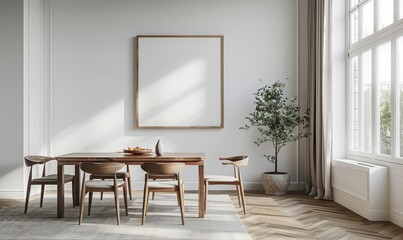Minimalist dining room with a blank canvas on the sideboard