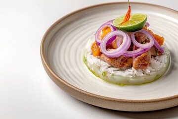 Tasty Peruvian Cebiche de Pato with Boiled Yuca and White Rice