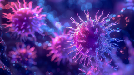 Microscopic photos of cells, bacteria and viruses, showing their structures and details