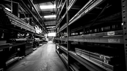 Fototapeta premium A black and white image of a steel warehouse aisle filled with shelves of metal pipes and other industrial materials