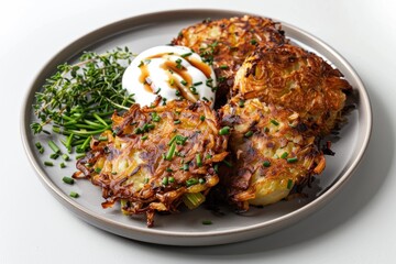 Fototapeta premium Mouthwatering Celery Root and Mushroom Pancakes with a Dollop of Sour Cream