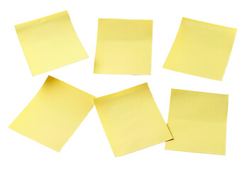 Six yellow sticky notes spread out isolated on transparent background