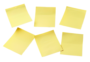 Six yellow sticky notes spread out isolated on transparent background