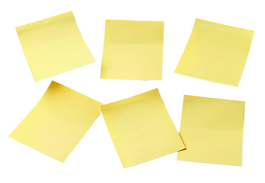Six yellow sticky notes spread out isolated on transparent background