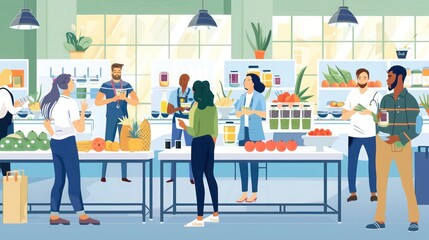 Colleagues organizing a wellness fair, featuring booths on nutrition, fitness, and mental health