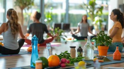 Colleagues organizing a wellness day, featuring activities like yoga, meditation, and healthy cooking demos