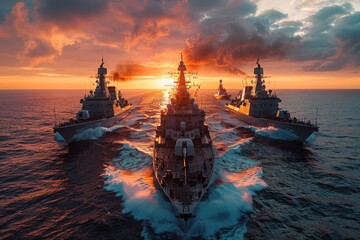 A striking image of a naval fleet sailing in unison beneath a dramatic sunset, with visible waves crashing against the warships, illustrating both beauty and might of the sea.