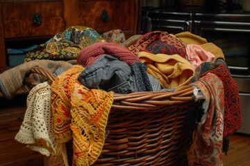Obraz premium A basket overflowing with garments of various colors and textures, bunch of dirty clothes.
