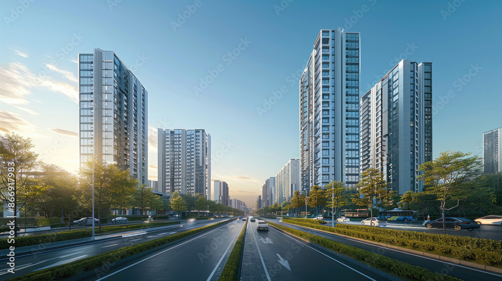 Poster An open grid layout along the road side with a tower-style design. The architectural style is modern and minimalist, featuring large glass facades and high ceilings. under a clear sky. Generative AI.