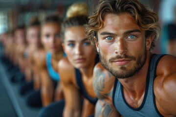 Obraz premium A focused group of athletes in a gym setting, wearing workout attire, and lined up in position for a class, showcasing their dedication to fitness and teamwork.