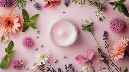 Skincare that is environmentally friendly. Cosmetics and organic herbs and flowers on pink background, top view, flat lay. Concept of bio research and healthy lifestyles. Generative AI.