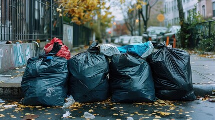 Garbage bags on sidewalk. Generative AI.