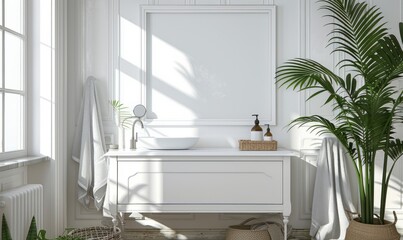 Bright bathroom with an empty frame above the vanity