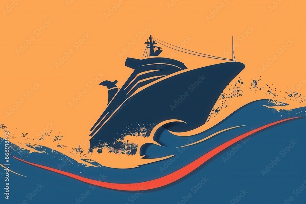 Poster a minimalistic and elegant image of a sailboat silhouette on ocean waves at sunset. perfect for comp