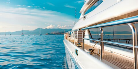 Obraz premium A large white boat is on the water with a blue sky in the background. The boat is surrounded by other boats, and the water is calm