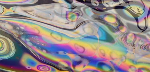 Close-up of holographic gasoline stains. Conceptual abstract illustration of toxic chemicals.