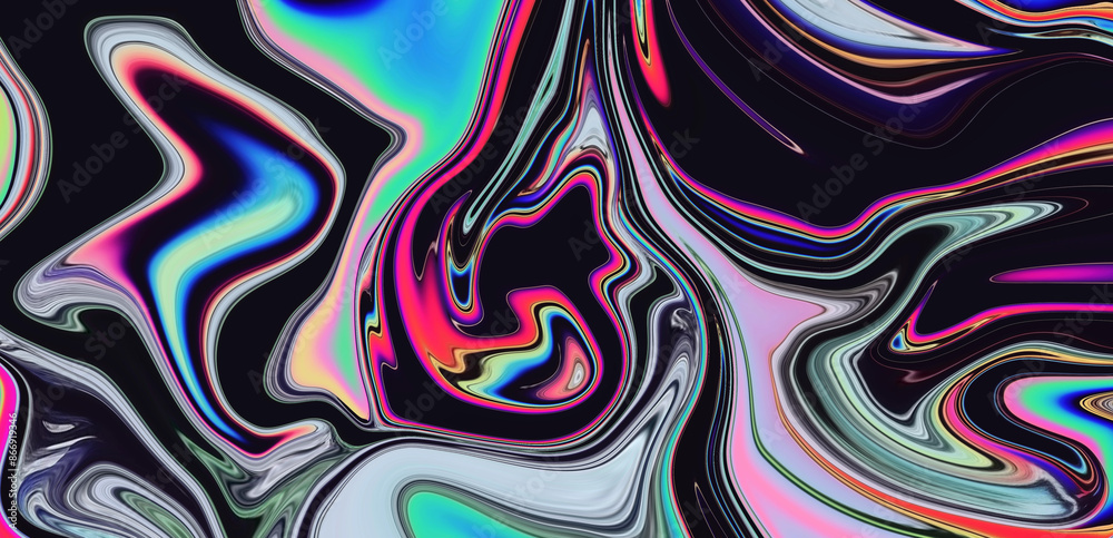 Poster psychedelic abstract background with neon curved acid stains.