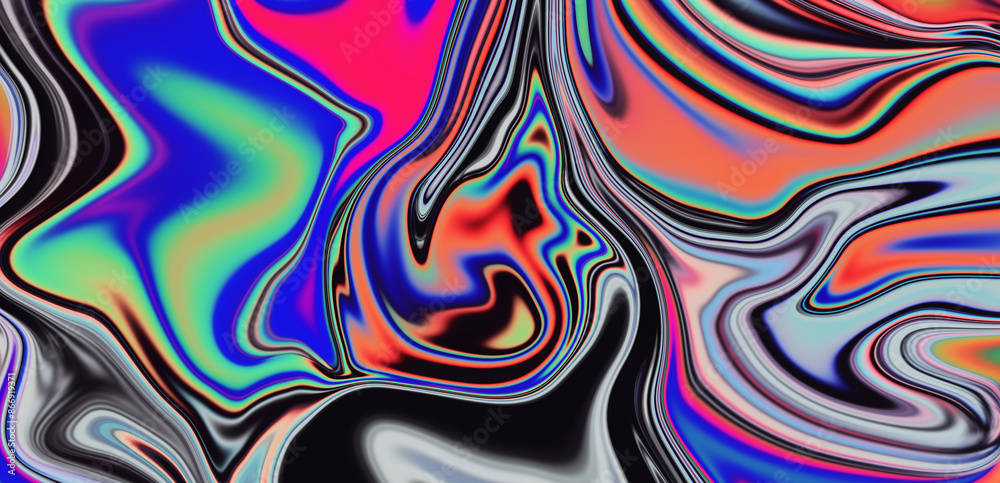 Poster psychedelic abstract background with neon curved acid stains.