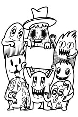 Hand-drawn illustrations, monsters doodle, Hand Drawn cartoon monster illustration,Cartoon crowd doodle hand-drawn Doodle style.black and white stripes coloring  book.