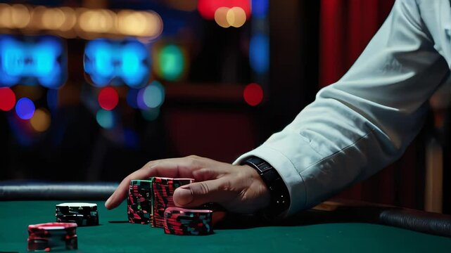 Poker player with playing cards and chips at a casino table in casino