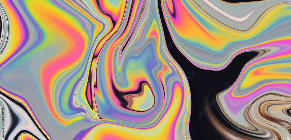 Poster psychedelic abstract background with neon curved acid stains.