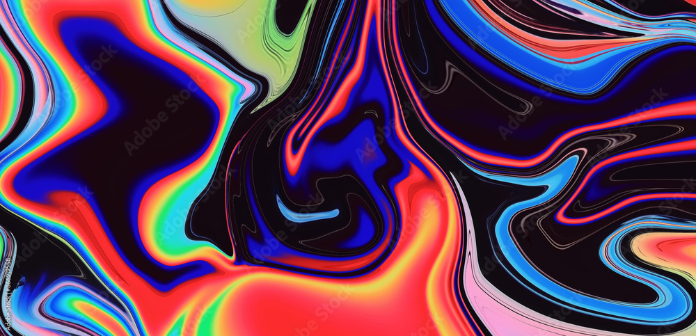 Poster psychedelic abstract background with neon curved acid stains.