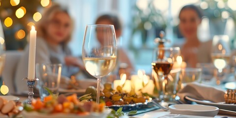 A group of people are sitting at a table with a wine glass in front of them. The table is set with plates of food and wine glasses. Scene is festive and celebratory, as it is a holiday gathering