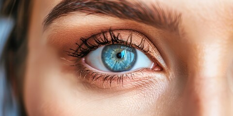 Obraz premium A woman's eye is open and blue. The eye is surrounded by a light brown area. The eye is the main focus of the image
