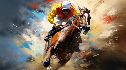 Fototapeta premium Dramatic fast running horse race compete in equestrian sports