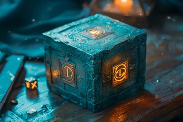 Fototapeta premium A blue box with a green lid sits on a wooden table. The box is lit with candles and has a number of symbols on it