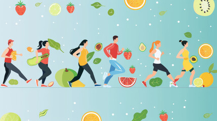 Naklejka premium Group Running with Fruit and Vegetable Motifs