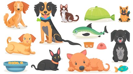 Vector illustrations of different types of pets dogs cats birds fish with accessories like collars toys and food bowls ideal for pet care and adoption websites