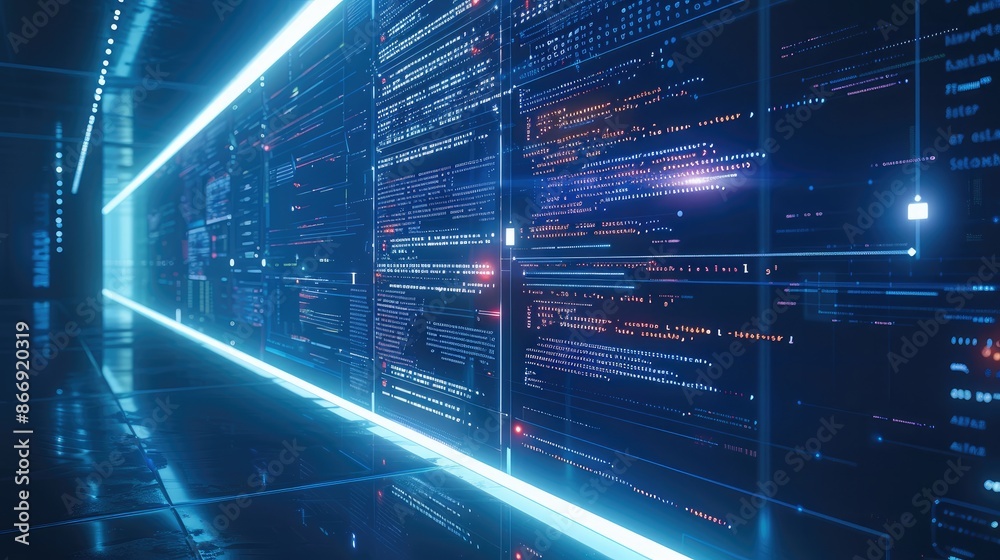 Aufkleber software code line and a virtual screen with an architecture diagram, blue color style. generative a