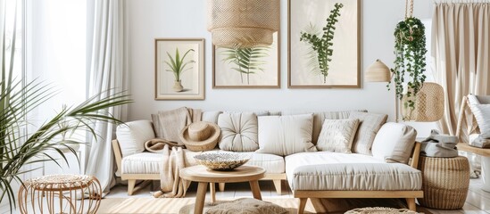 Fototapeta premium A bright living room interior with cozy furniture, wicker lighting, and plant-themed artwork displayed on the wall in a genuine photograph.