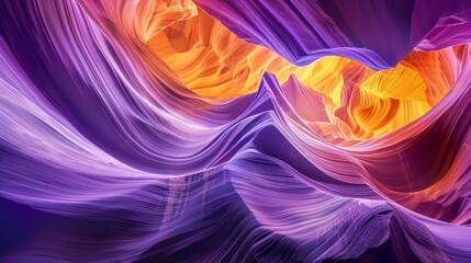 A mesmerizing view of Antelope Canyons intricate rock formations, illuminated by sunlight filtering through the narrow passage. The purple and orange hues create a breathtaking abstract canvas