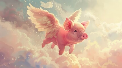 Obraz premium Whimsical Flying Piglet with Angel Wings in Serene Pastel Cloudy Sky
