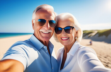 Elderly couple taking a selfie on the beach, tourism concept
