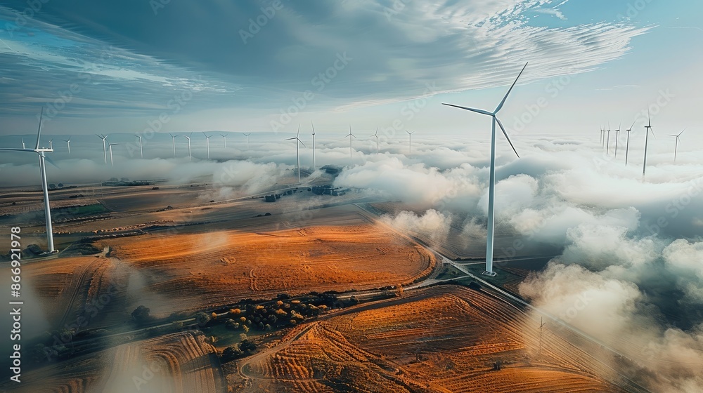 Poster the large fields with modern technology windmills. aerial high view. generative ai.
