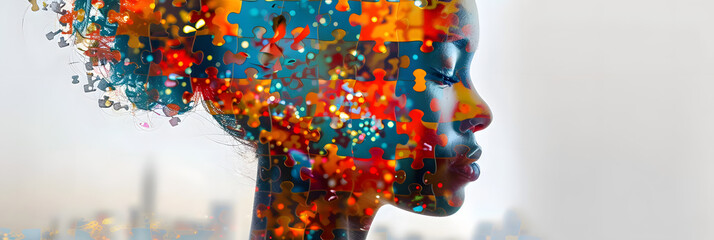 A profile of the human head with colorful puzzle pieces forming an intricate pattern, symbolizing mental health and psychic connection