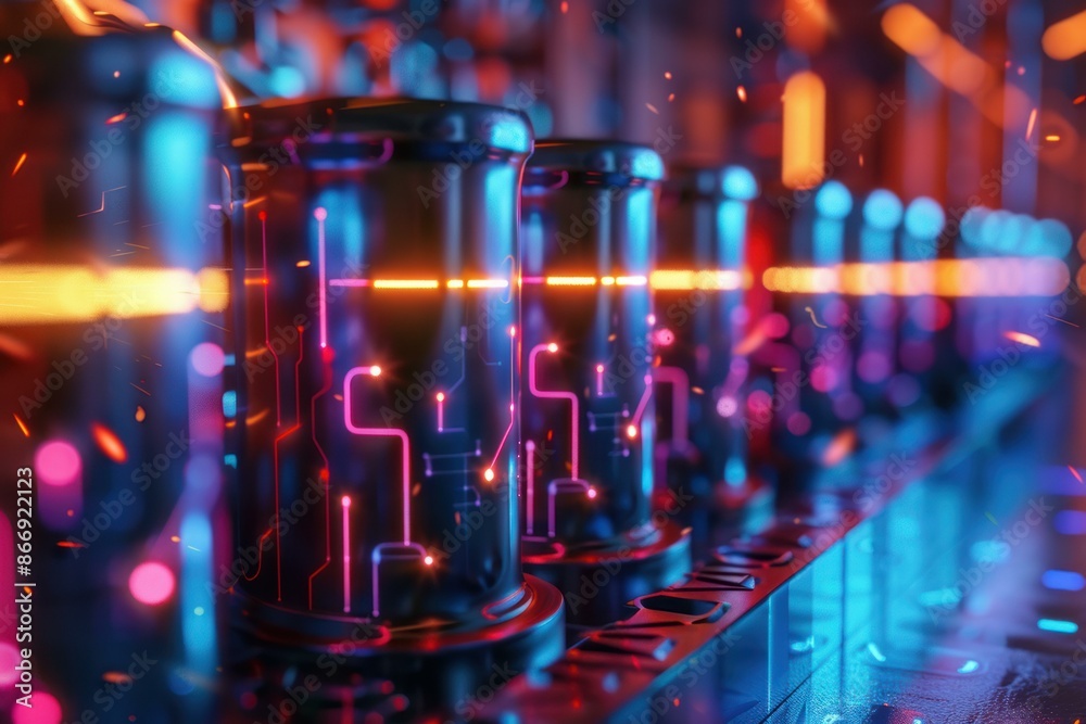 Poster abstract image of glowing circuits in a data center environment, representing high tech storage solu