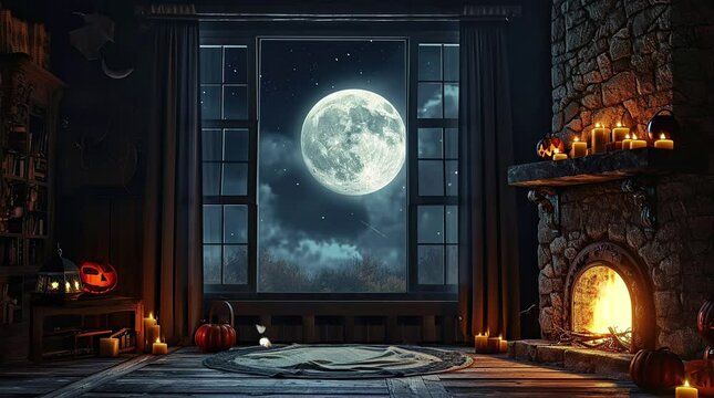Castle room with fireplace, full moon view from window. Historic ambiance with romantic medieval charm.
 Seamless looping 4k time-lapse virtual video animation background. Generated AI