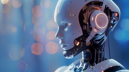 ai android robot with human like face on minimal light blue interior - artificial intelligence technology copy space left banner