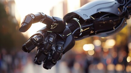 Naklejka na ściany i meble robot hand operated by AI artificial intelligence in the street with bokeh