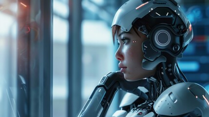 Fototapeta premium ai android robot with female human like face on minimal light blue interior - artificial intelligence technology copy space 