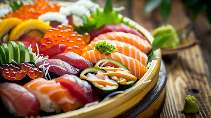 A colorful sushi platter featuring various types of fresh sashimi, nigiri, and garnishes