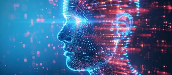 neon blue pink futurist scene with male robot face data scientist interfacing with artificial intelligence. integration of AI technology into everyday life