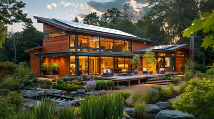 Fototapeta premium Modern Eco-Friendly Home with Solar Panels and Rainwater Collection System for Sustainable Living