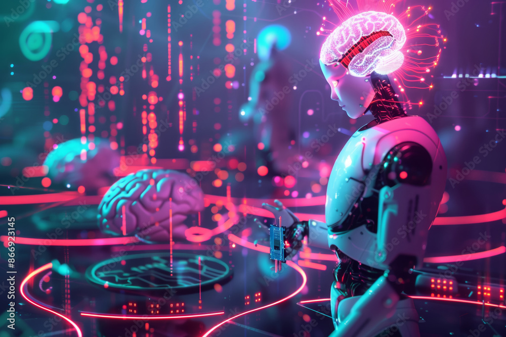 Poster AI Robot Interacting With Digital Data in a Futuristic Setting