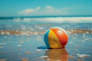 Vibrant beach ball rests on the wet sand with ocean waves in the background under blue sky